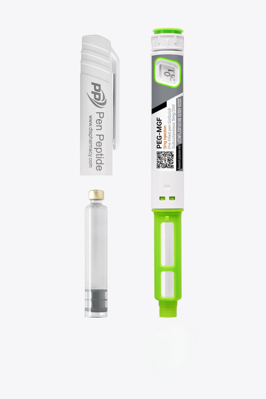 A pen peptide injector labeled "MGF-peg" featuring a clear syringe with dosage markings, a green safety cap, and a detachable white protective cap branded "Pen Peptide."