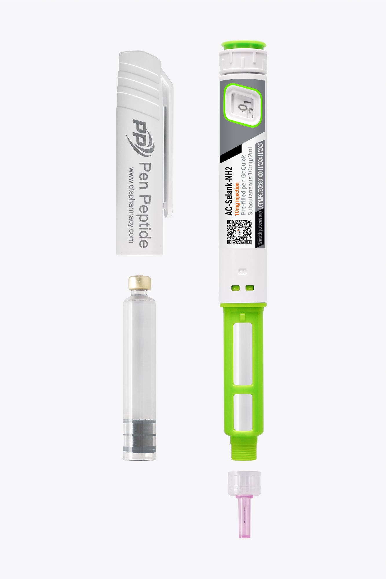 A pen peptide injector labeled "Selank" featuring a clear syringe with dosage markings, a green safety cap, and a detachable white protective cap branded "Pen Peptide.