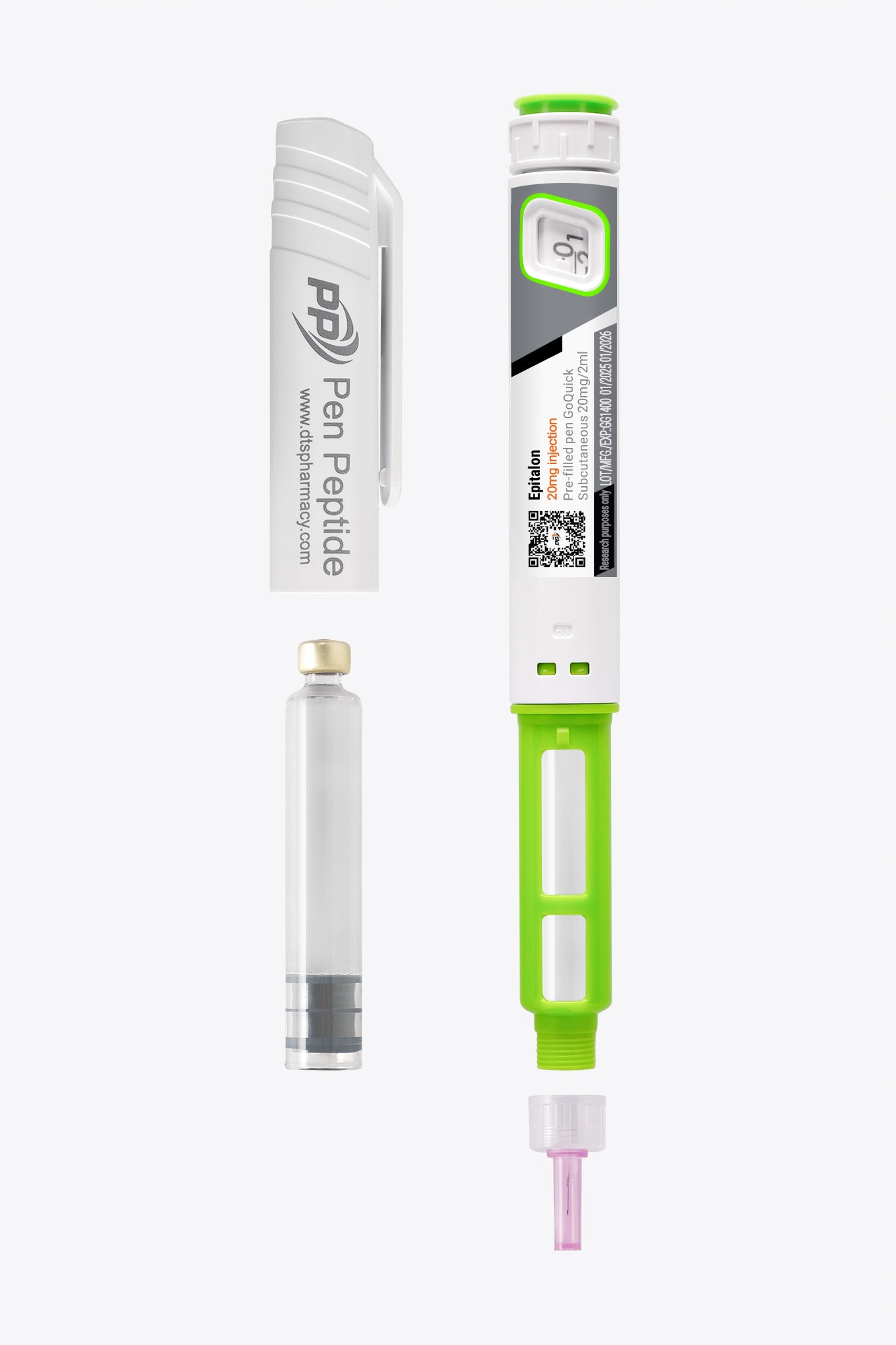 A pen peptide injector labeled "Epitalon" featuring a clear syringe with dosage markings, a green safety cap, and a detachable white protective cap branded "Pen Peptide.