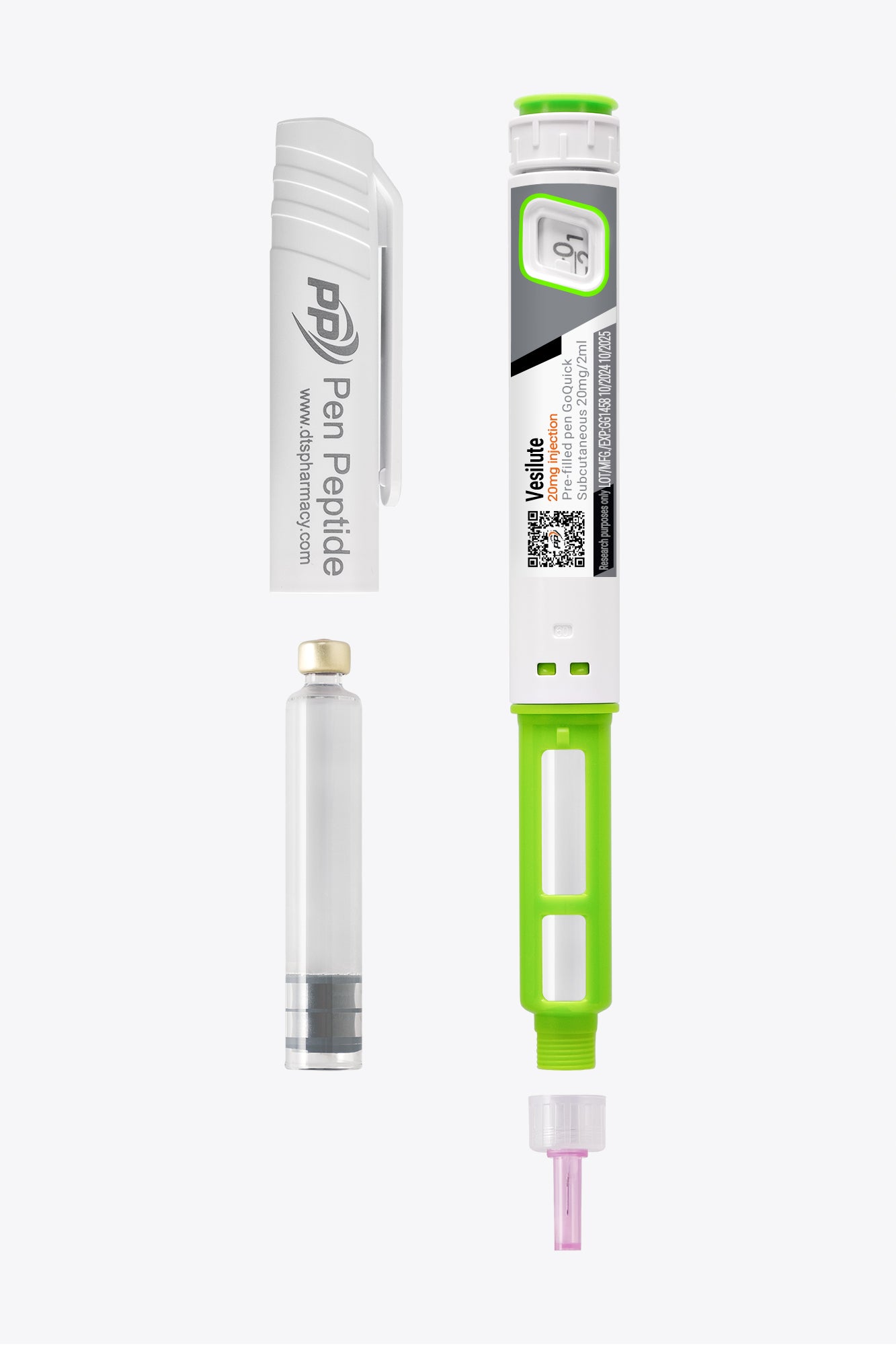 A pen peptide injector labeled "Vesilute-glu-asp" featuring a clear syringe with dosage markings, a green safety cap, and a detachable white protective cap branded "Pen Peptide."