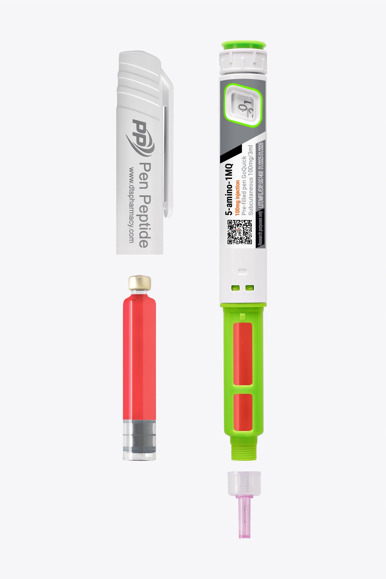 A pen peptide injector labeled "5-amino 1mq" featuring a clear syringe with dosage markings, a green safety cap, and a detachable white protective cap branded "Pen Peptide.