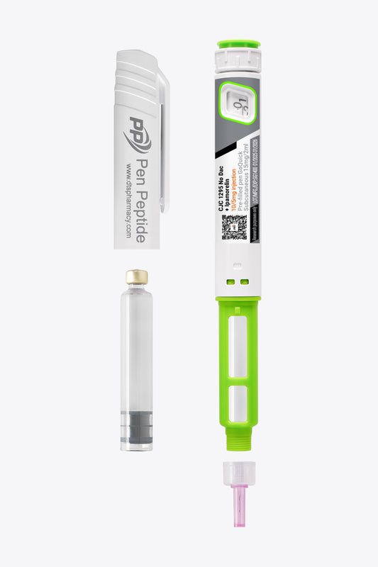 A pen peptide injector labeled "CJC 1295 No Dac Ipamorelin" featuring a clear syringe with dosage markings, a green safety cap, and a detachable white protective cap branded "Pen Peptide.