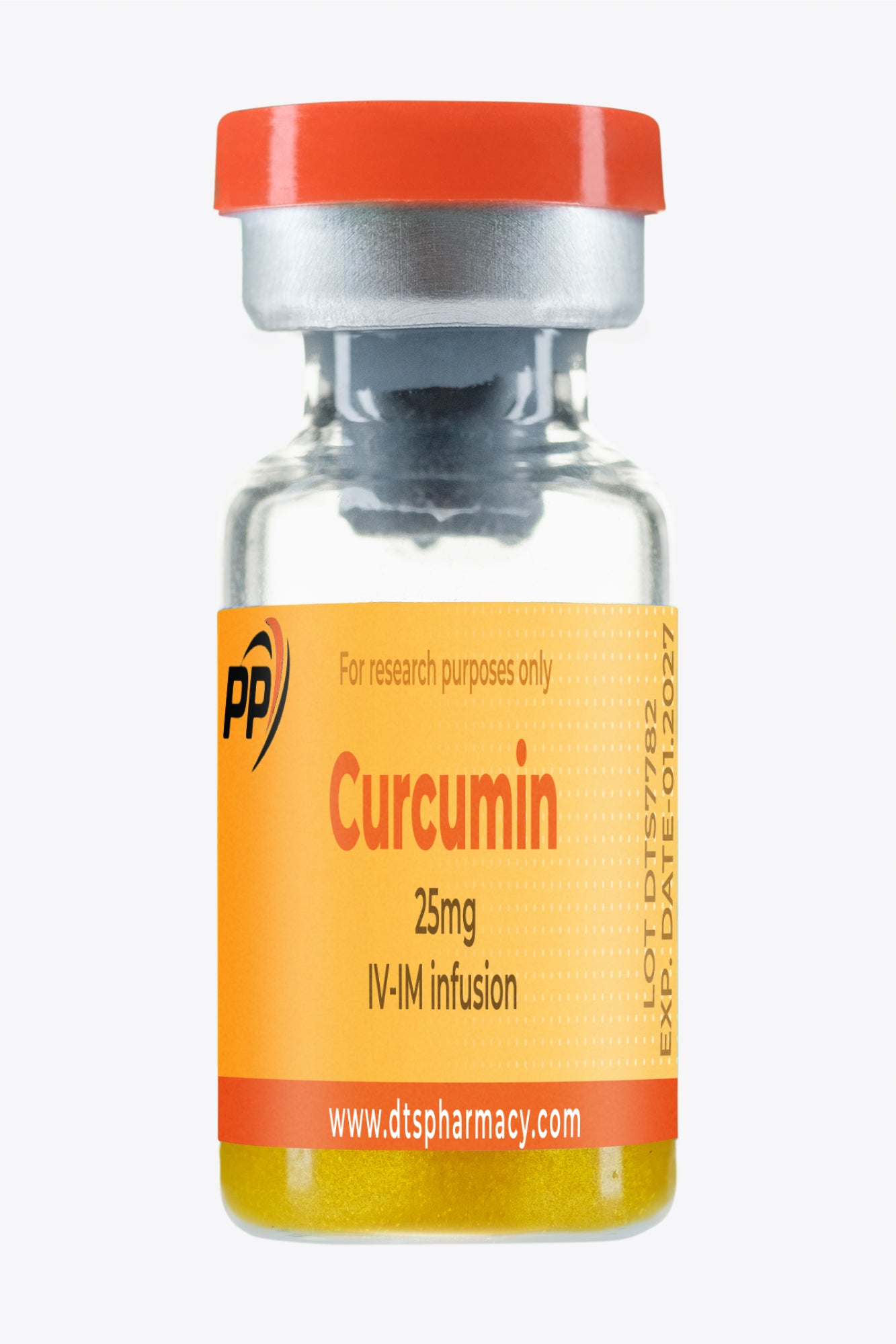 A brown vial labeled "Curcumin 25mg IV-IM infusion" with an orange cap and an illustration of a turmeric plant, designed for intravenous and intramuscular use