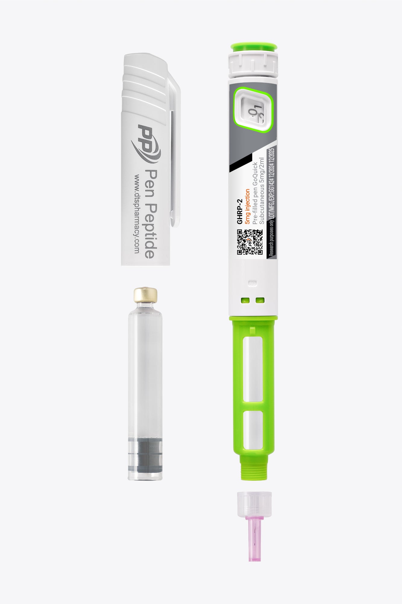 A pen peptide injector labeled "GHRP-2" featuring a clear syringe with dosage markings, a green safety cap, and a detachable white protective cap branded "Pen Peptide."