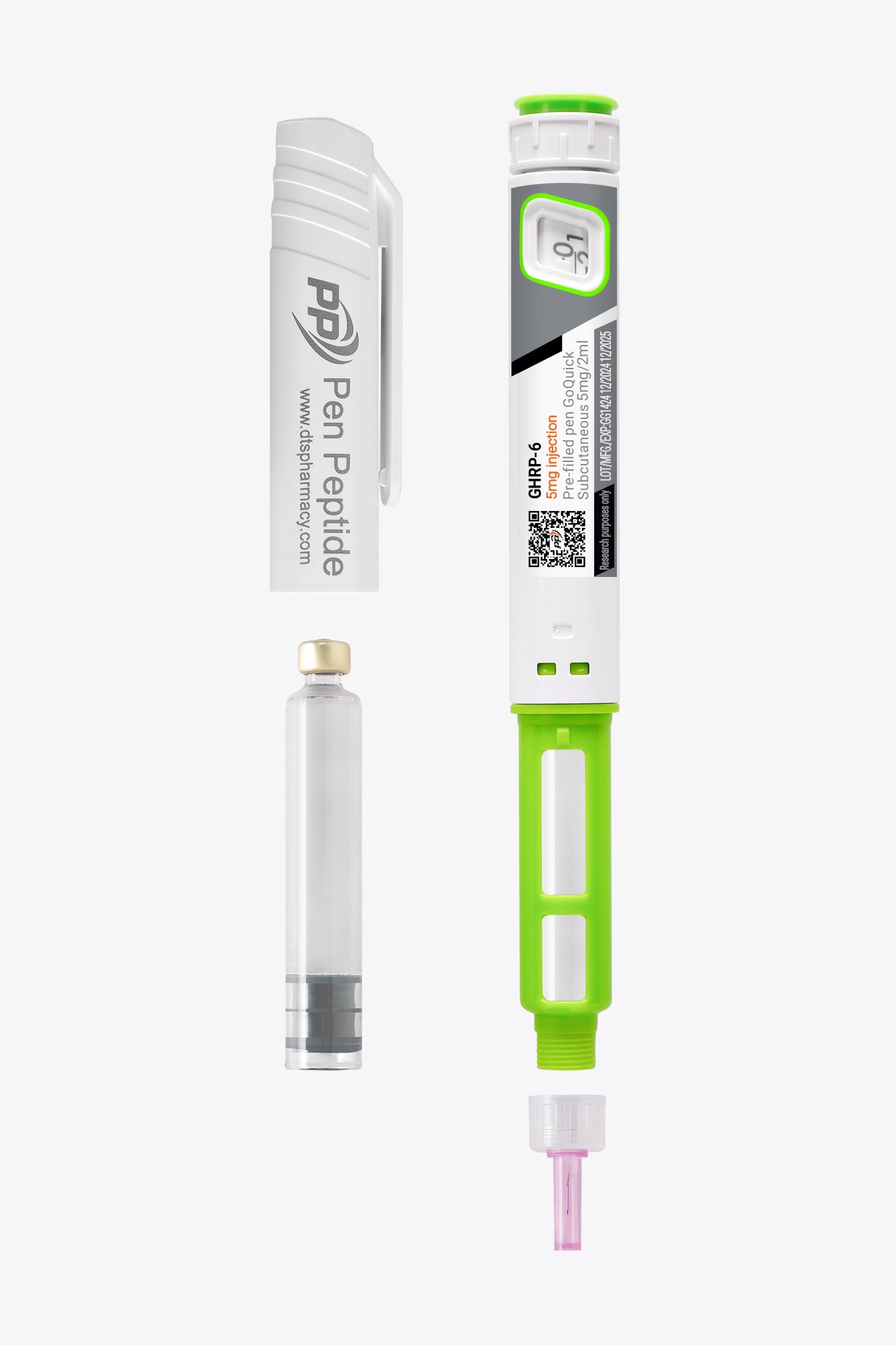 A pen peptide injector labeled "GHRP-6" featuring a clear syringe with dosage markings, a green safety cap, and a detachable white protective cap branded "Pen Peptide."