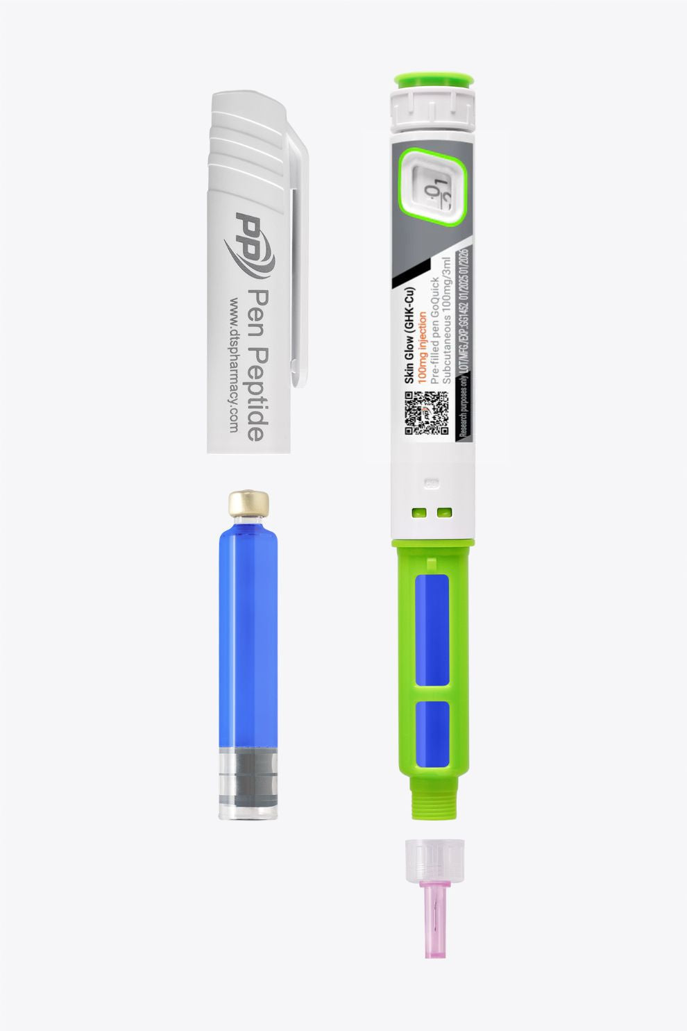 A pen peptide injector labeled "Skin Glow" featuring a clear syringe with dosage markings, a green safety cap, and a detachable white protective cap branded "Pen Peptide."
