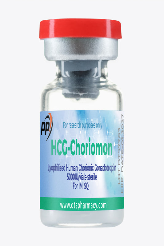 A clear glass vial labeled "HCG-Choriomon, Lyophilized Human Chorionic Gonadotropin, 5000IU/vial-sterile" by DTS Pharmacy, designed for IM and SQ use with a silver cap.