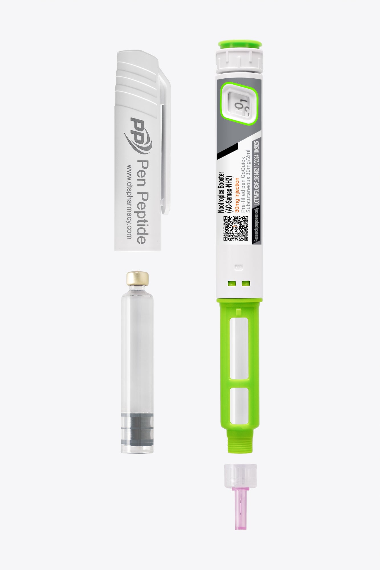 A pen peptide injector labeled "Nootropics-booster" featuring a clear syringe with dosage markings, a green safety cap, and a detachable white protective cap branded "Pen Peptide.