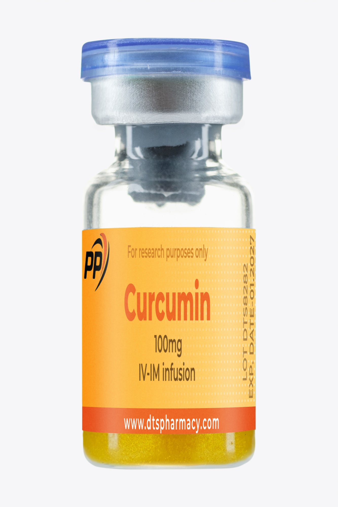 A brown vial labeled "Curcumin 100mg IV-IM infusion" with an orange cap and an illustration of a turmeric plant, designed for intravenous and intramuscular use