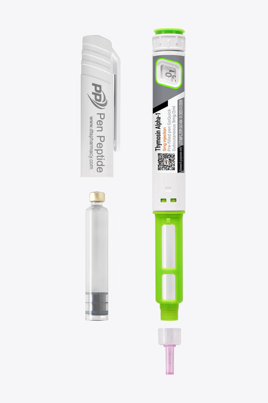 A pen peptide injector labeled "thymosin-alfa1" featuring a clear syringe with dosage markings, a green safety cap, and a detachable white protective cap branded "Pen Peptide."