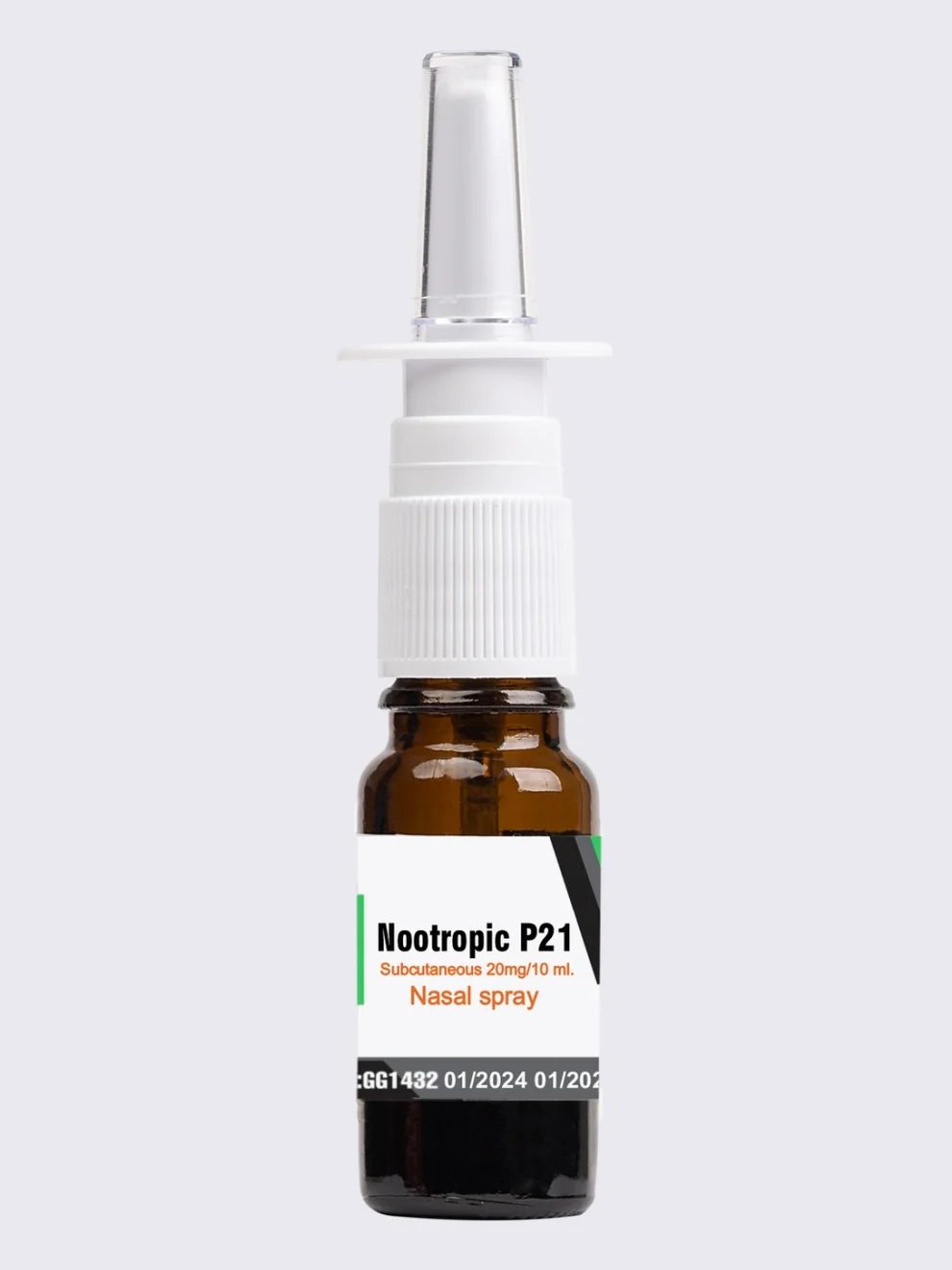 A brown glass bottle labeled "Nootropic P21 Nasal Spray, Subcutaneous 20mg/10ml," featuring a white nasal spray applicator with a secure cap.