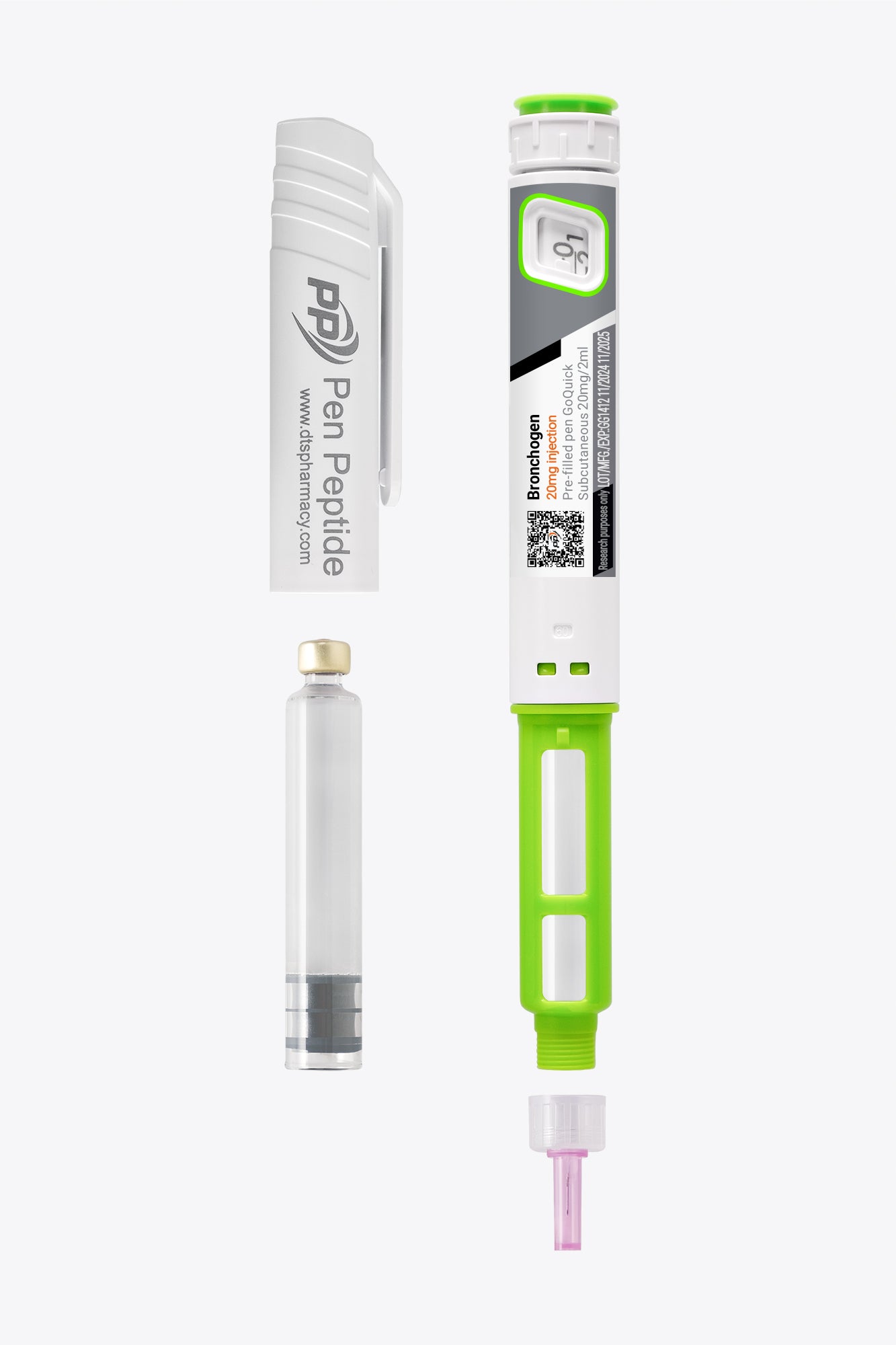 A pen peptide injector labeled "Bronchogen" featuring a clear syringe with dosage markings, a green safety cap, and a detachable white protective cap branded "Pen Peptide.