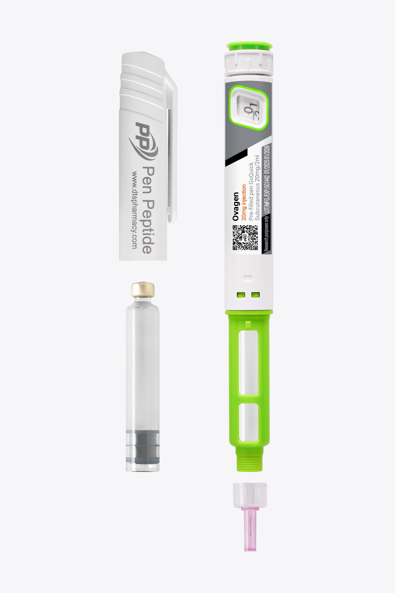 A pen peptide injector labeled "Ovagen" featuring a clear syringe with dosage markings, a green safety cap, and a detachable white protective cap branded "Pen Peptide."