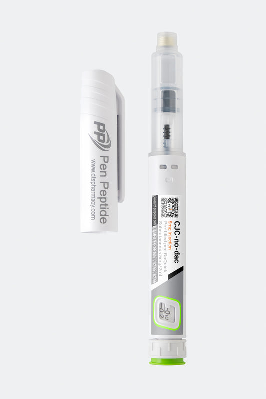 A pen peptide injector labeled "CJC-no-dac" featuring a clear syringe with dosage markings, a green safety cap, and a detachable white protective cap branded "Pen Peptide.