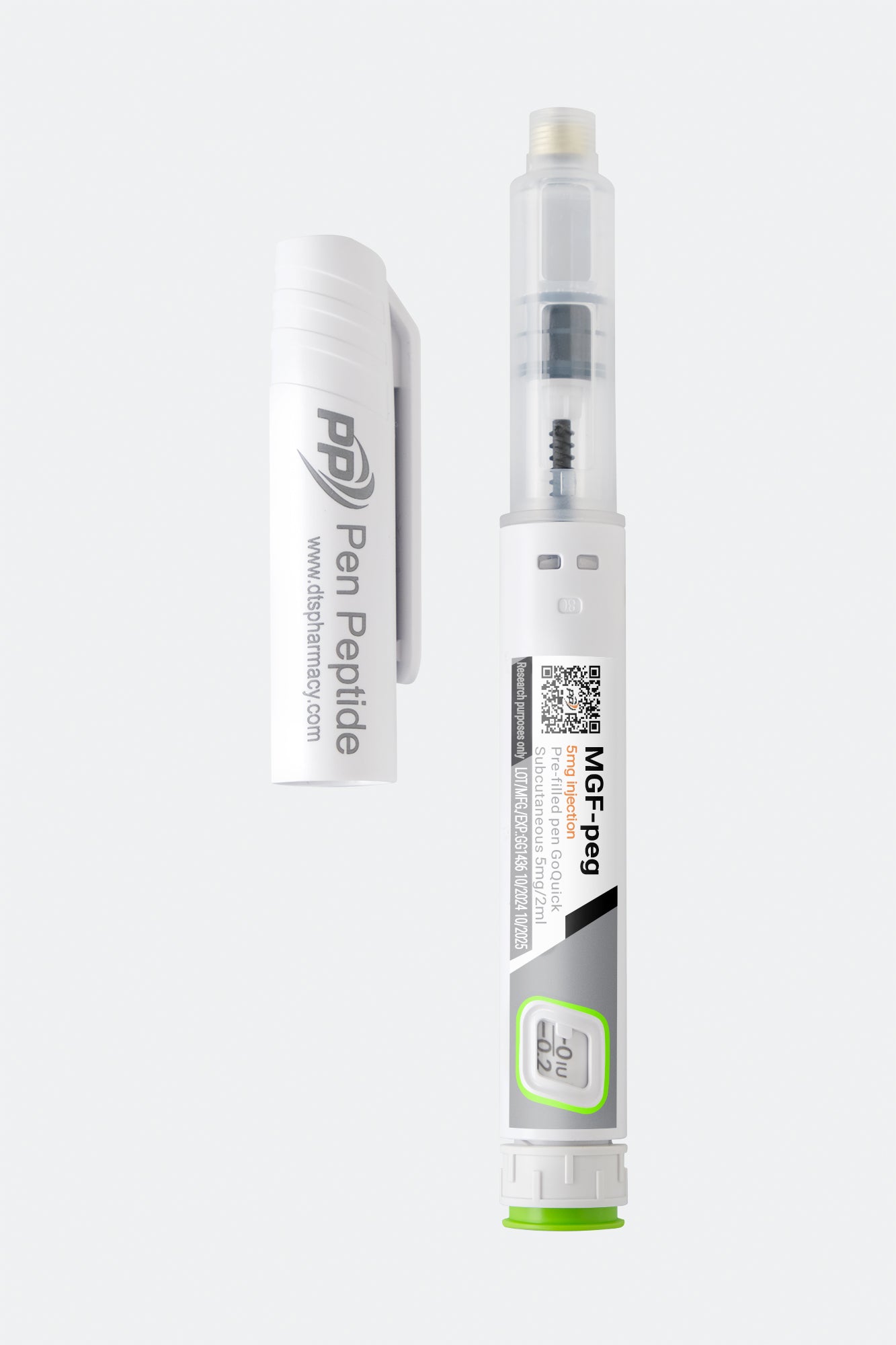 A pen peptide injector labeled "MGF-peg" featuring a clear syringe with dosage markings, a green safety cap, and a detachable white protective cap branded "Pen Peptide."