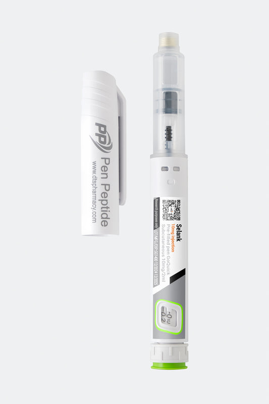 A pen peptide injector labeled "Selank" featuring a clear syringe with dosage markings, a green safety cap, and a detachable white protective cap branded "Pen Peptide.

