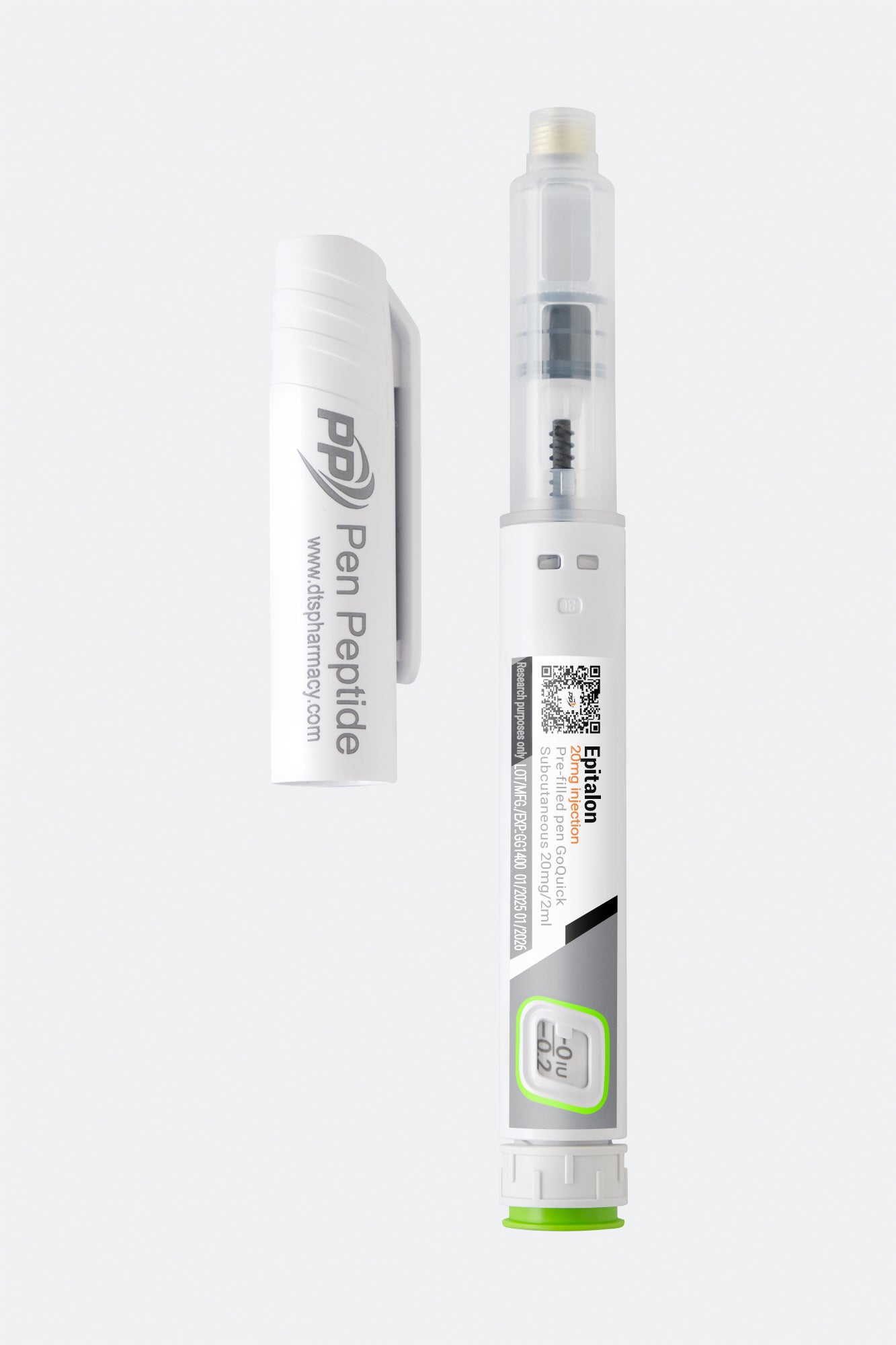 A pen peptide injector labeled "Epitalon" featuring a clear syringe with dosage markings, a green safety cap, and a detachable white protective cap branded "Pen Peptide.