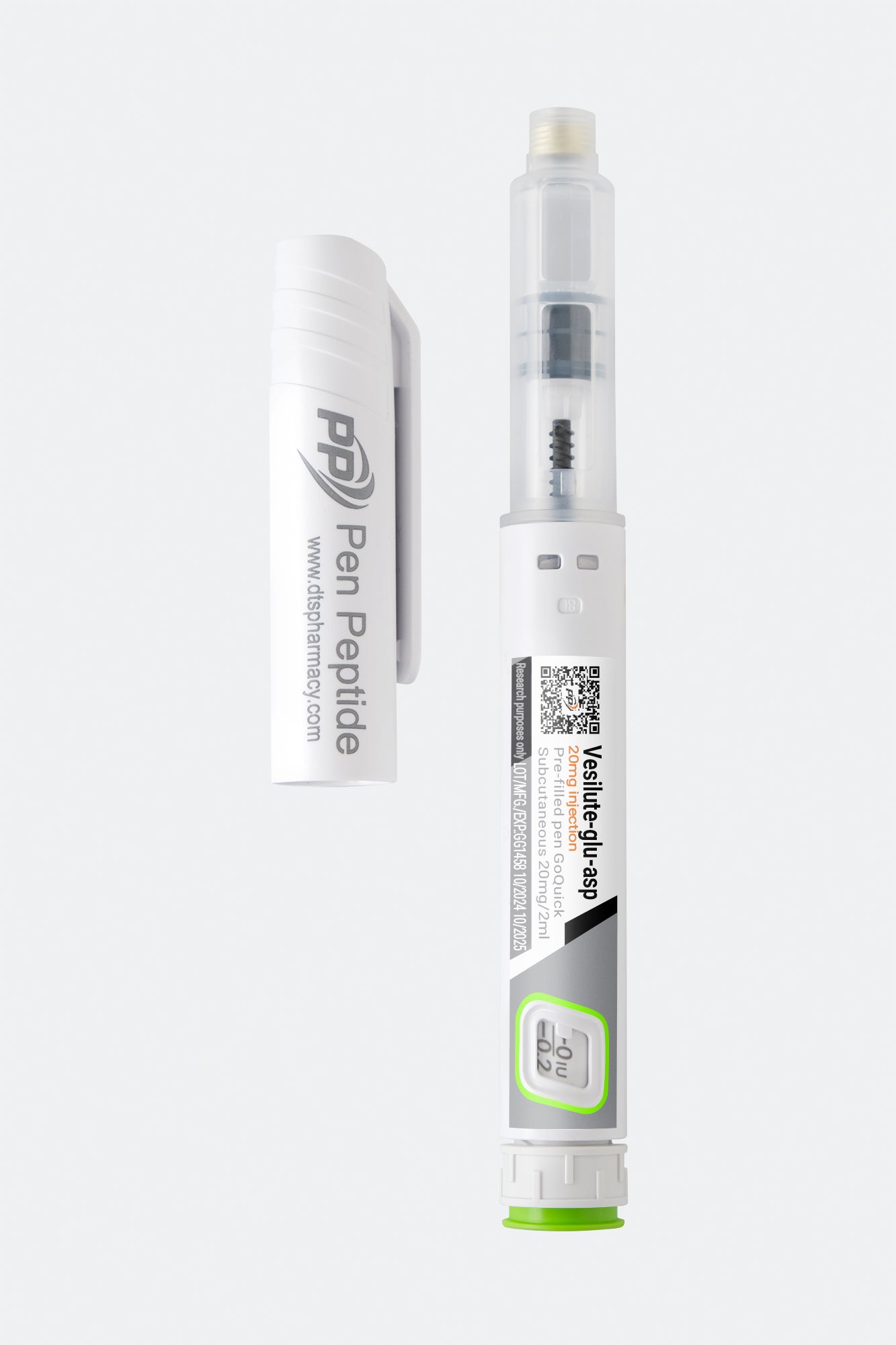 A pen peptide injector labeled "Vesilute-glu-asp" featuring a clear syringe with dosage markings, a green safety cap, and a detachable white protective cap branded "Pen Peptide."