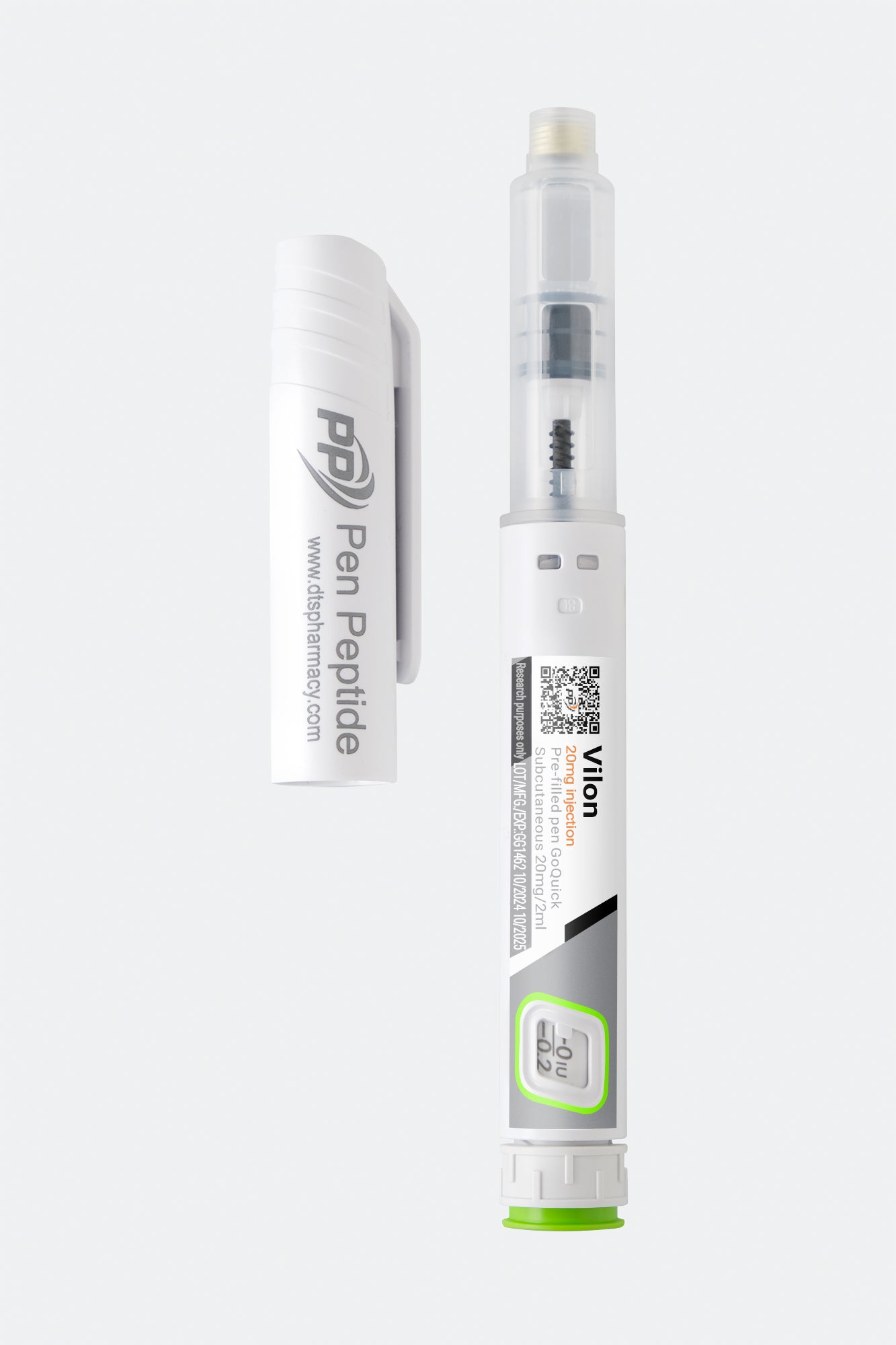 A pen peptide injector labeled "vilon" featuring a clear syringe with dosage markings, a green safety cap, and a detachable white protective cap branded "Pen Peptide."