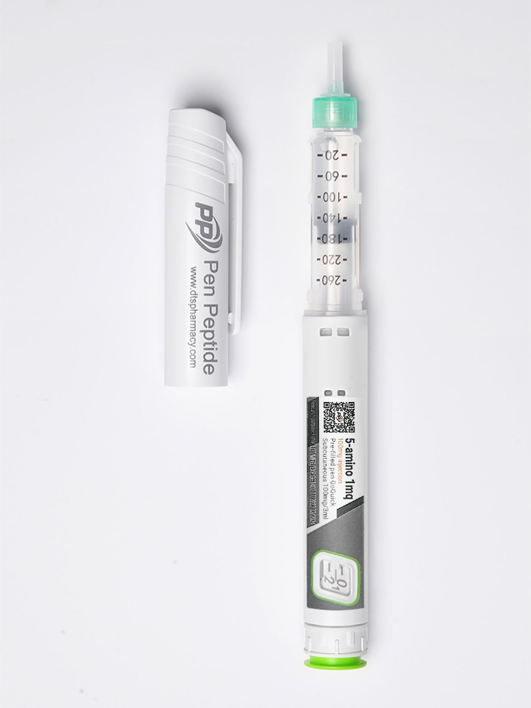 A pen peptide injector labeled "5-amino1mq" featuring a clear syringe with dosage markings, a green safety cap, and a detachable white protective cap branded "Pen Peptide."