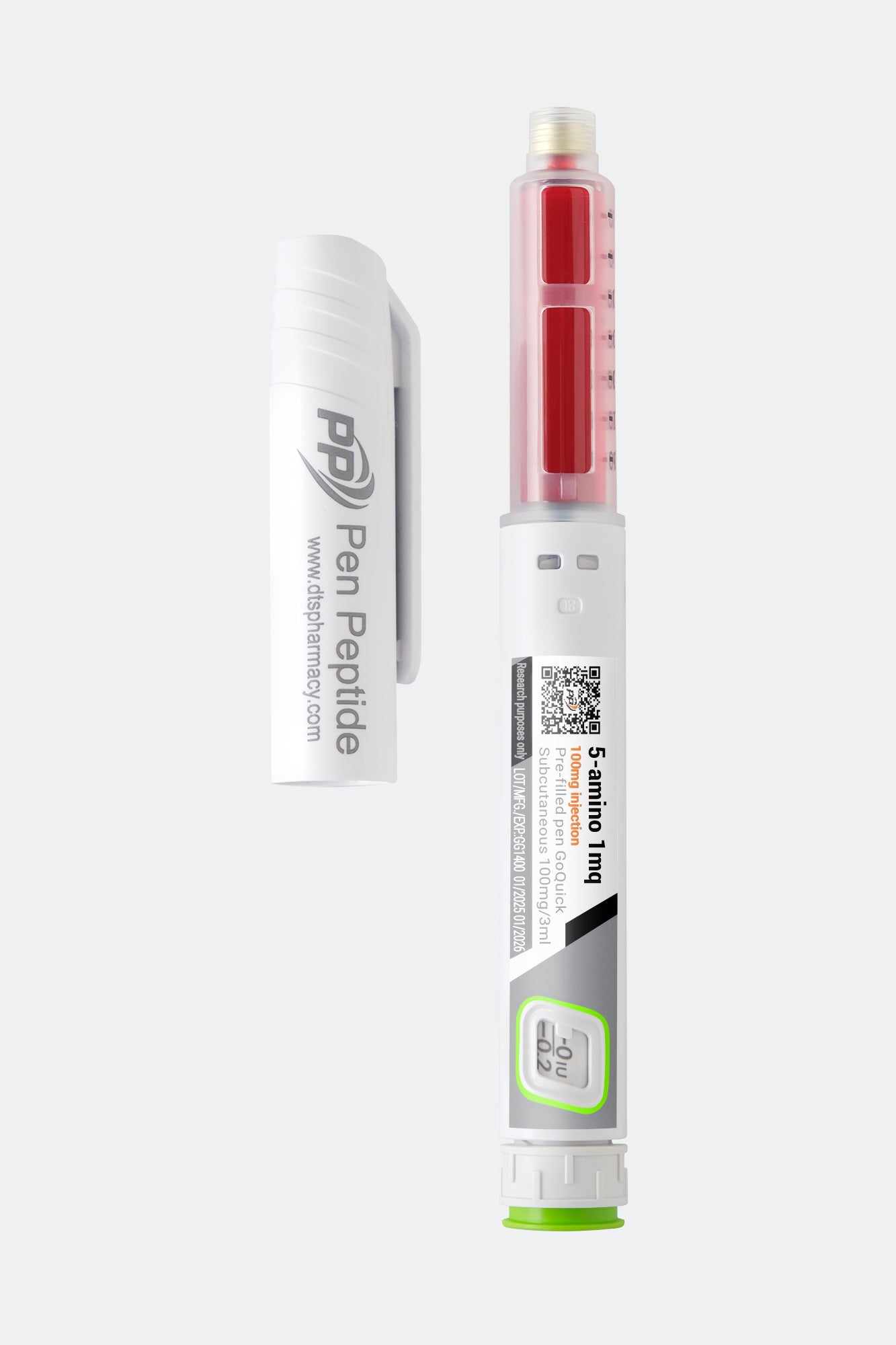 A pen peptide injector labeled "5-amino 1mq" featuring a clear syringe with dosage markings, a green safety cap, and a detachable white protective cap branded "Pen Peptide.