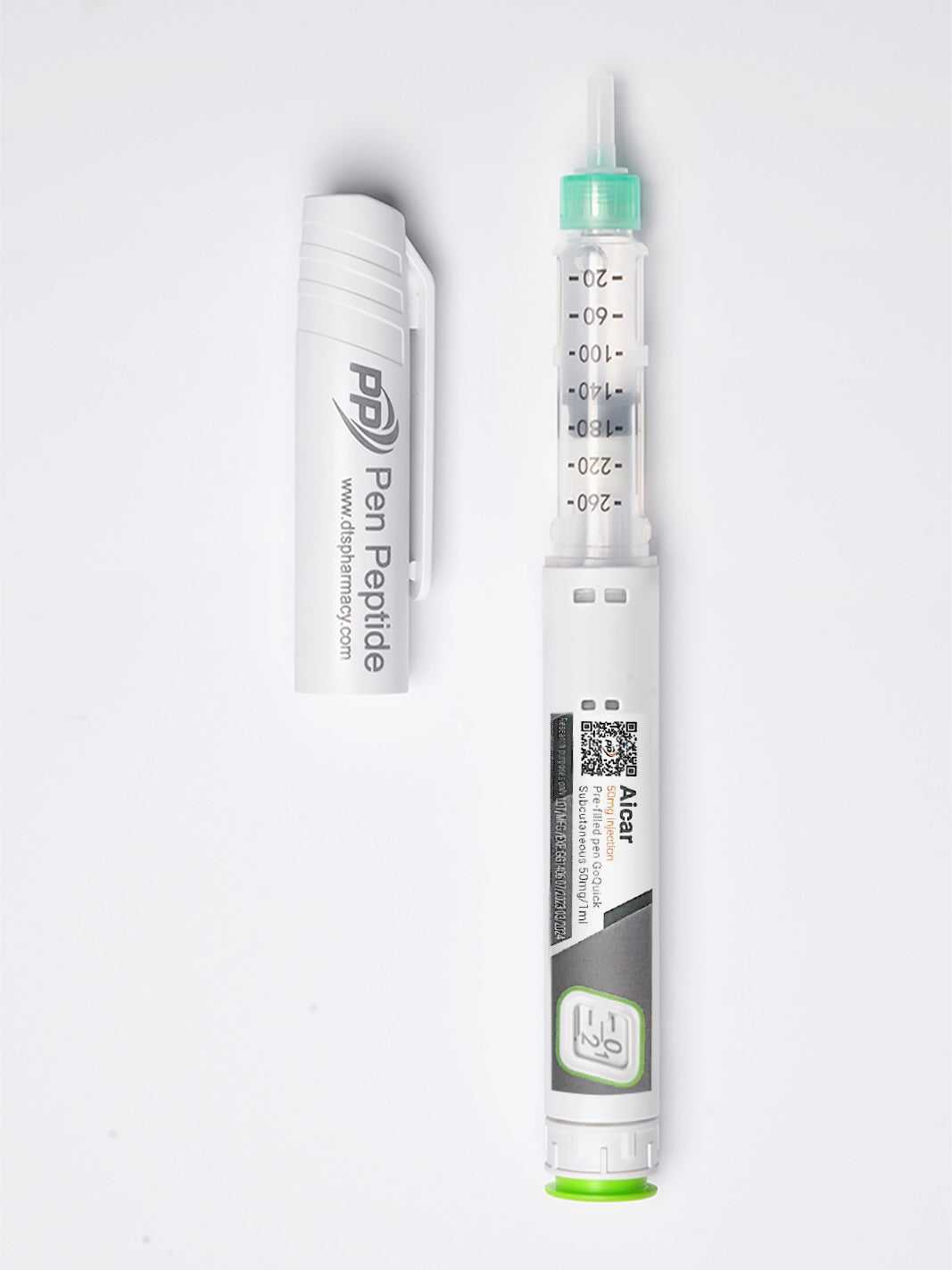 A pen peptide injector labeled "Aicar" featuring a clear syringe with dosage markings, a green safety cap, and a detachable white protective cap branded "Pen Peptide."