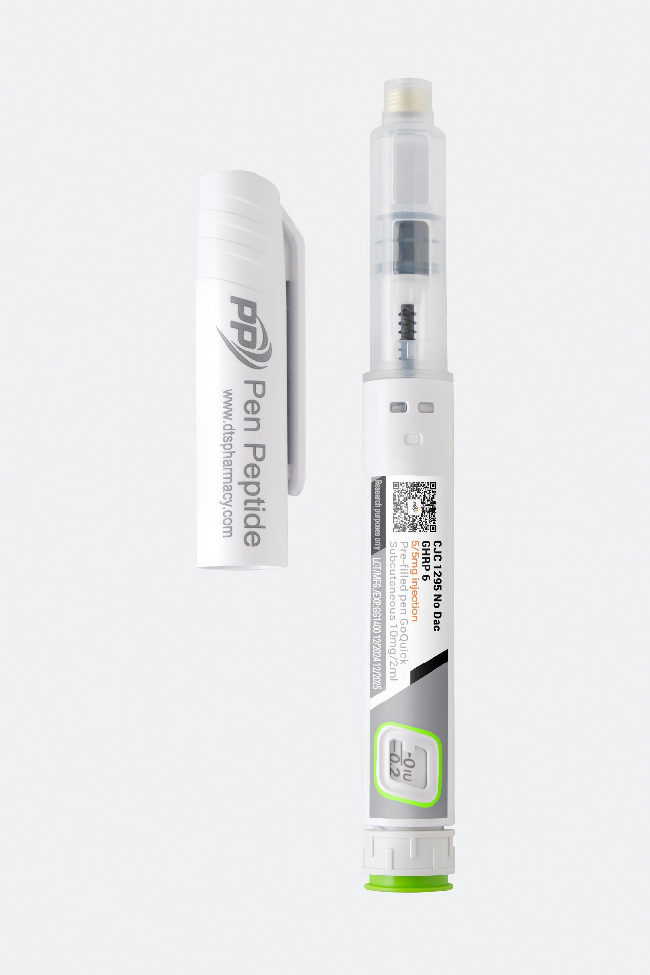 A pen peptide injector labeled "CJC 1295 No Dac GHRP 6" featuring a clear syringe with dosage markings, a green safety cap, and a detachable white protective cap branded "Pen Peptide.


