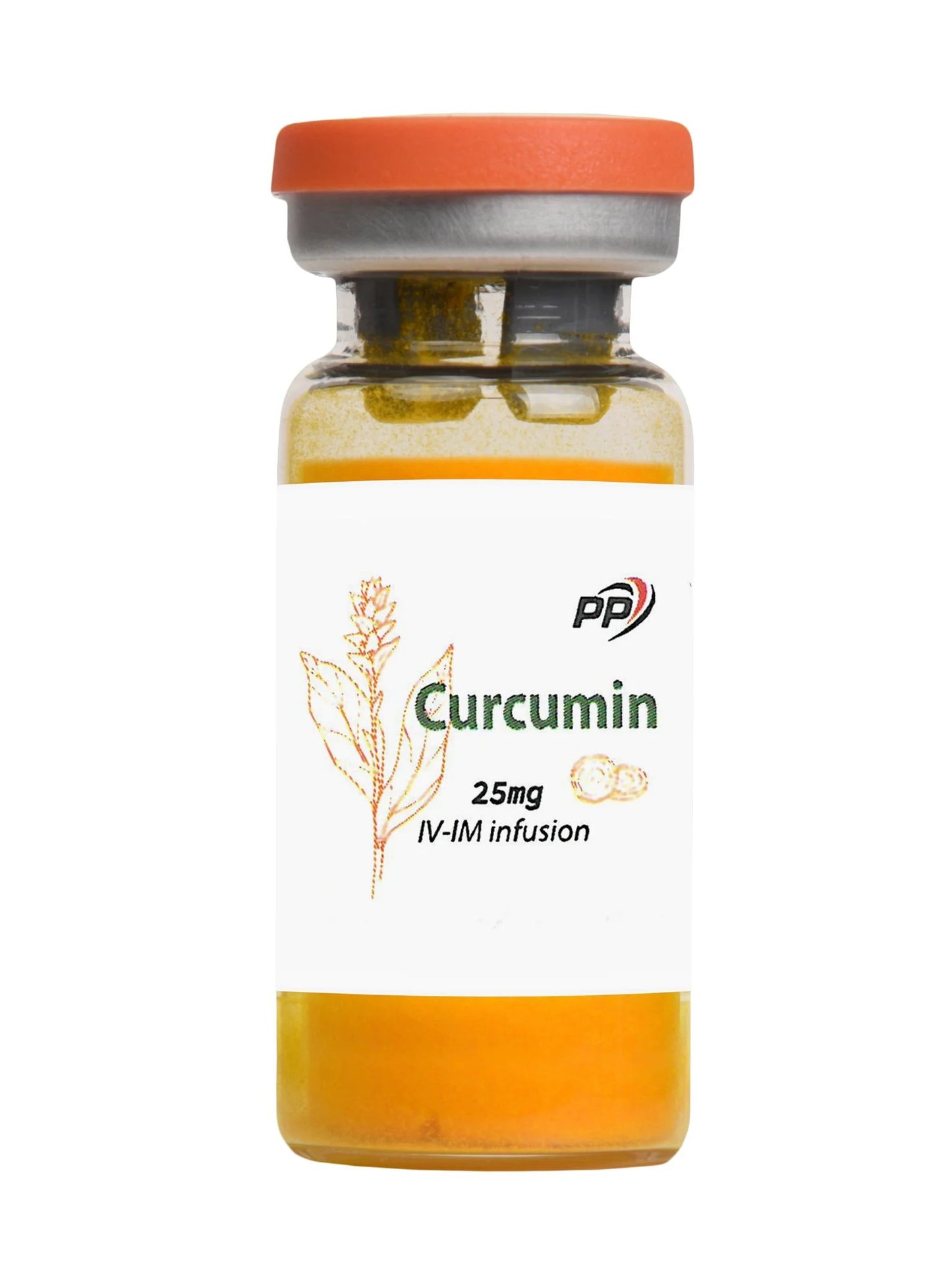 A brown vial labeled "Curcumin 25mg IV-IM infusion" with an orange cap and an illustration of a turmeric plant, designed for intravenous and intramuscular use