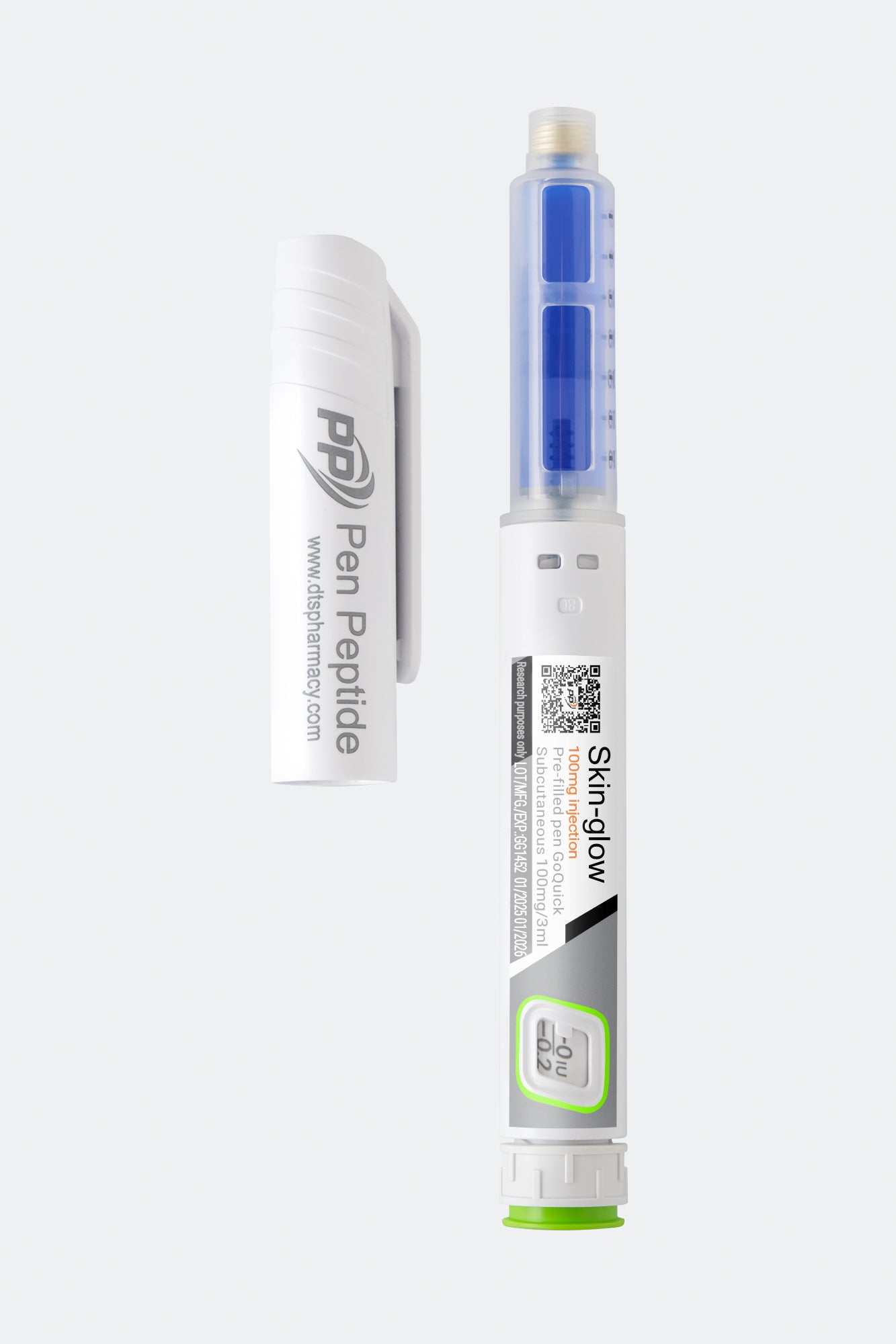 A pen peptide injector labeled "Skin Glow" featuring a clear syringe with dosage markings, a green safety cap, and a detachable white protective cap branded "Pen Peptide."