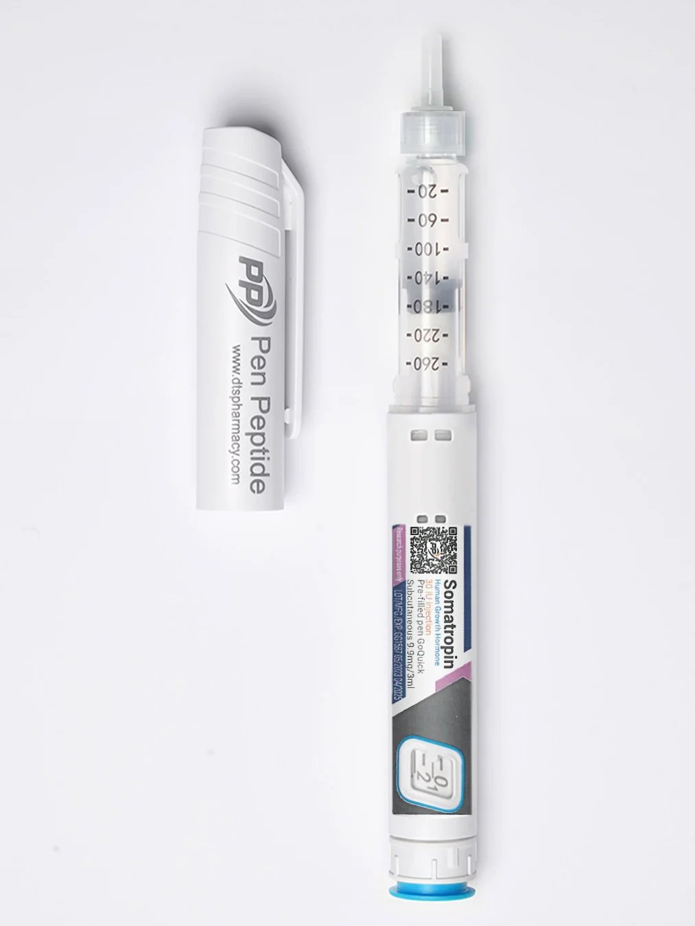 A pen peptide injector labeled "Somatropin," designed for HGH (Human Growth Hormone) administration, featuring a clear syringe with dosage markings, a blue safety cap, and a detachable white protective cap branded "Pen Peptide.