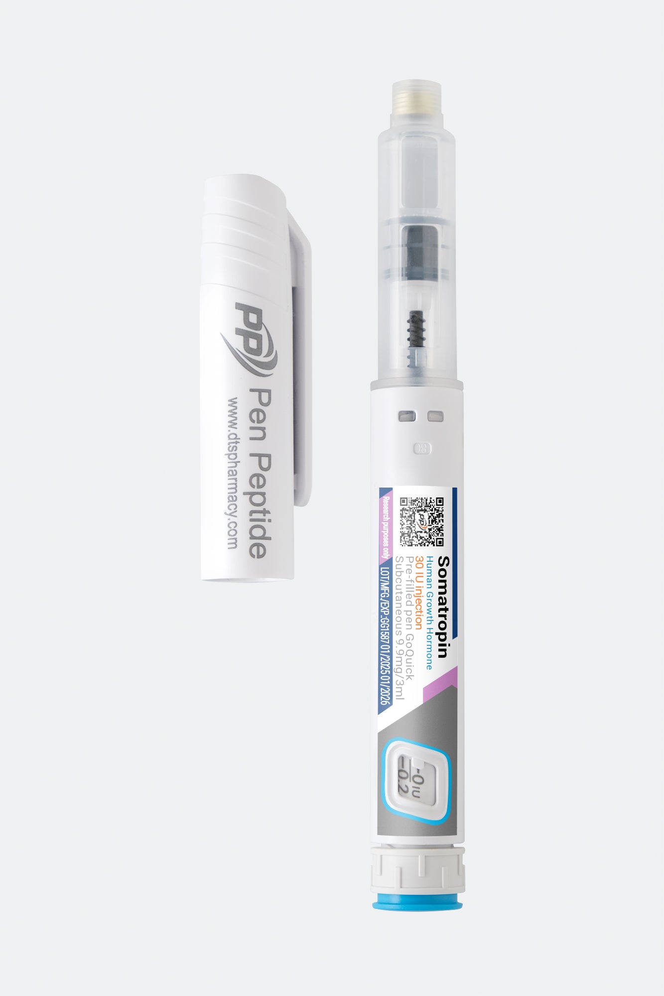 A pen peptide injector labeled "Somatropin" featuring a clear syringe with dosage markings, a green safety cap, and a detachable white protective cap branded "Pen Peptide.

