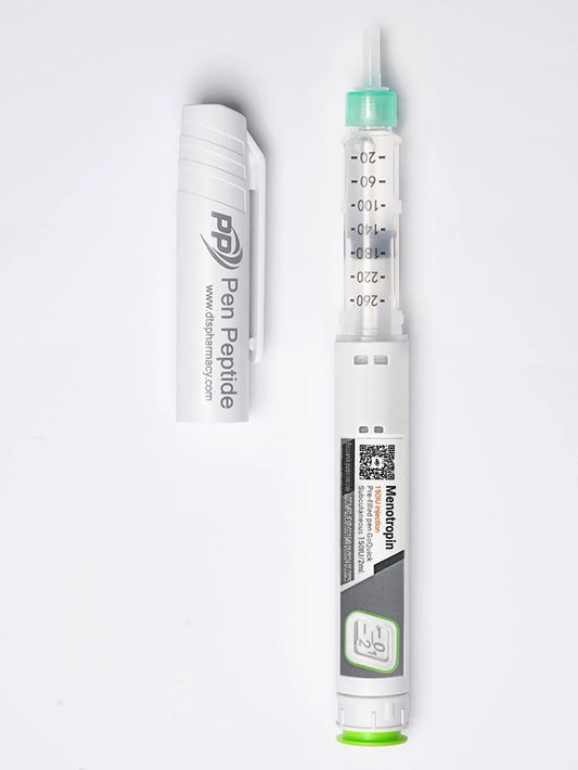 A pen injector labeled "Menotropin," featuring a clear syringe with dosage markings, a green safety cap, and a detachable white protective cap branded "Pen Peptide.