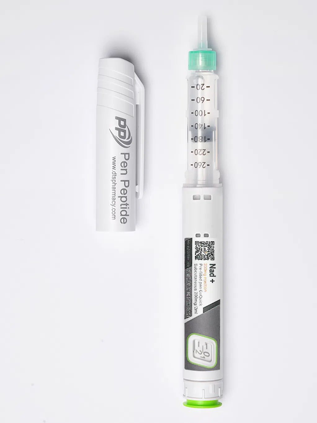 A pen peptide injector labeled "NAD+ 200mg" featuring a clear syringe with dosage markings, a green safety cap, and a detachable white protective cap branded "Pen Peptide."