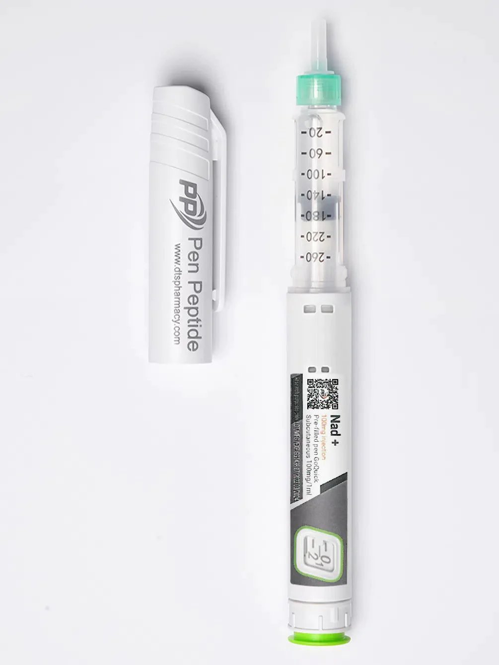 A pen peptide injector labeled "NAD+ 100mg" featuring a clear syringe with dosage markings, a green safety cap, and a detachable white protective cap branded "Pen Peptide."