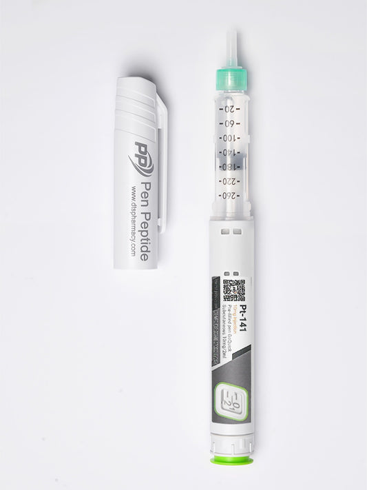 A pen peptide injector labeled "PT 141" featuring a clear syringe with dosage markings, a green safety cap, and a detachable white protective cap branded "Pen Peptide."