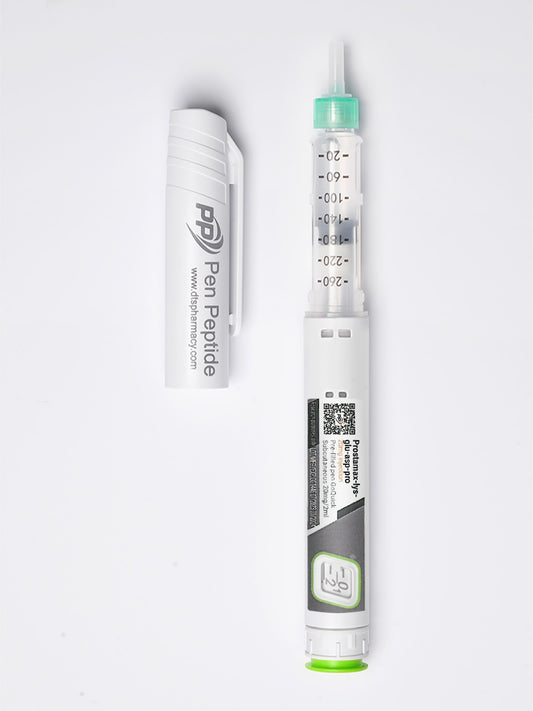 A pen peptide injector labeled "Prostamax" featuring a clear syringe with dosage markings, a green safety cap, and a detachable white protective cap branded "Pen Peptide."