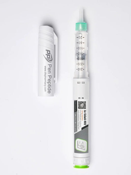 A close-up image of a pen peptide labeled "Ac-Selank NV2" with a clear dosage measurement syringe and a removable protective cap.