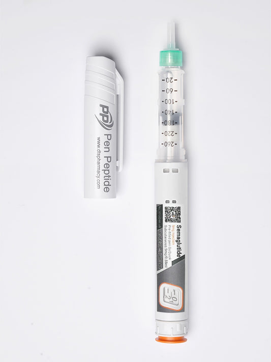 A pen peptide injector labeled "Semaglutide 5mg" featuring a clear syringe with dosage markings, a green safety cap, and a detachable white protective cap branded "Pen Peptide."