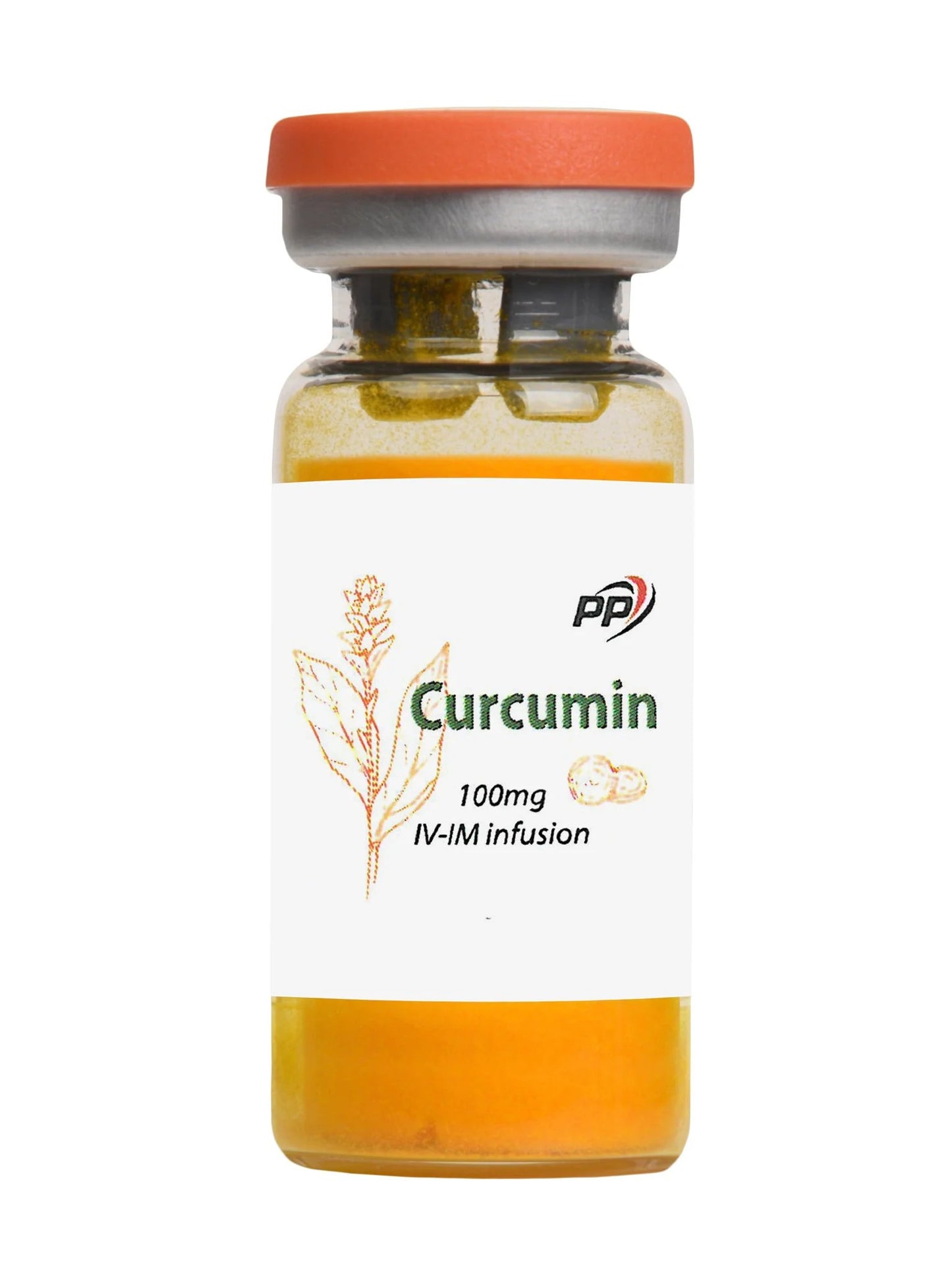 A brown vial labeled "Curcumin 100mg IV-IM infusion" with an orange cap and an illustration of a turmeric plant, designed for intravenous and intramuscular use