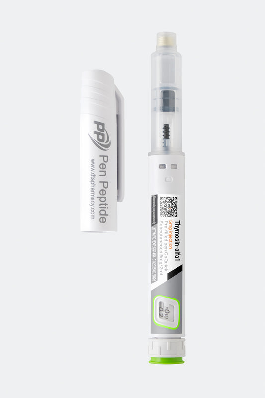 A pen peptide injector labeled "thymosin-alfa1" featuring a clear syringe with dosage markings, a green safety cap, and a detachable white protective cap branded "Pen Peptide."