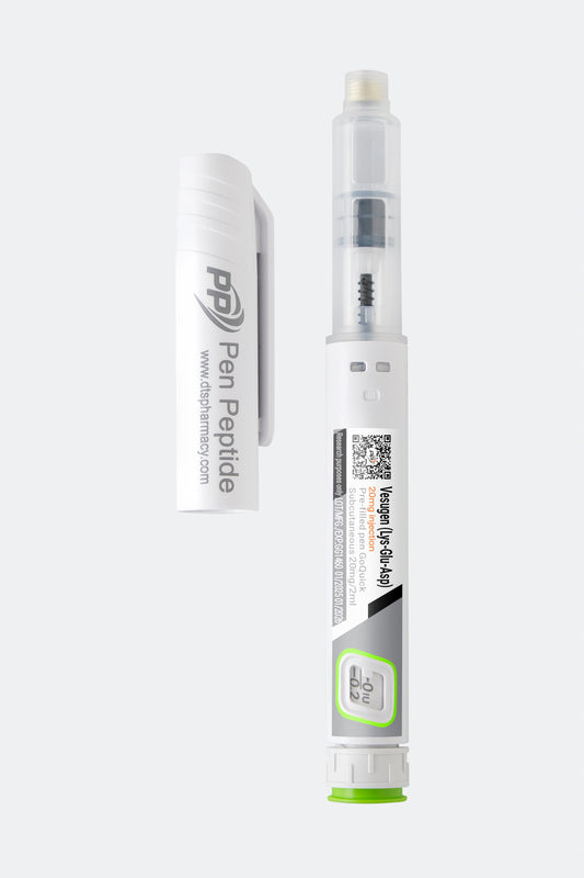 A pen peptide injector labeled "vesugen (Lys-Glu-ASP)" featuring a clear syringe with dosage markings, a green safety cap, and a detachable white protective cap branded "Pen Peptide."