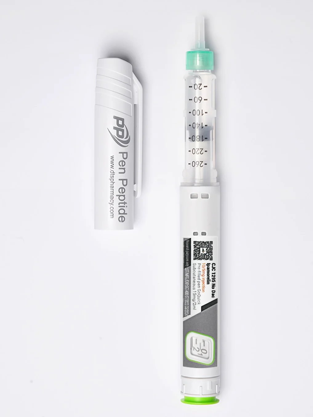 A detailed image of a pen injector labeled "CJC1295 No DAC + Ipamorelin" featuring a clear syringe with dosage measurements and a detachable protective cap.