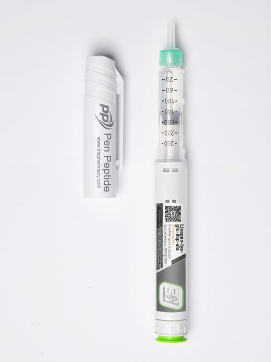 A pen peptide injector labeled "Livagen" featuring a clear syringe with dosage markings, a green safety cap, and a detachable white protective cap branded "Pen Peptide."