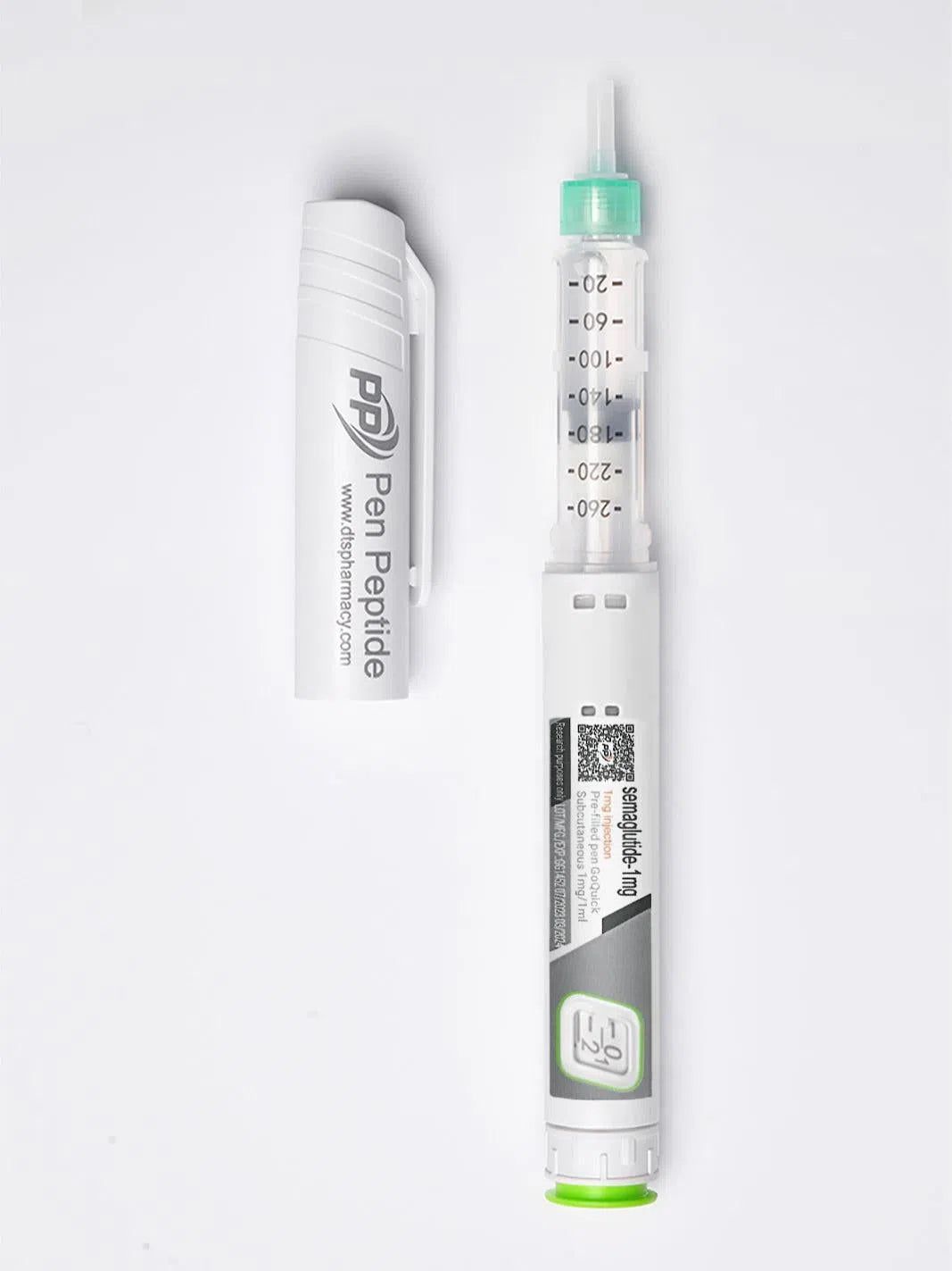 A pen peptide injector labeled "Semaglutide 1mg" featuring a clear syringe with dosage markings, a green safety cap, and a detachable white protective cap branded "Pen Peptide."