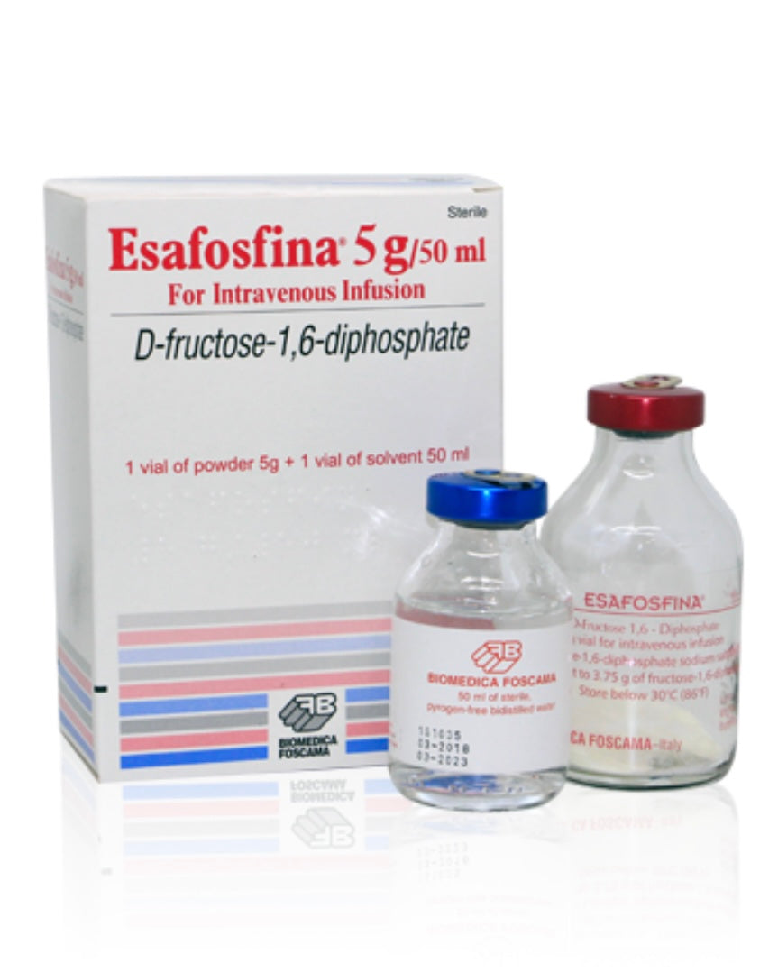 A box of Esafosfina 5g/50ml for intravenous infusion with two accompanying vials: one with powder and another with solvent, labeled for D-fructose-1,6-diphosphate preparation.