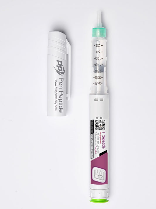 A pen peptide injector labeled "tirzepatide-5mg" featuring a clear syringe with dosage markings, a green safety cap, and a detachable white protective cap branded "Pen Peptide.