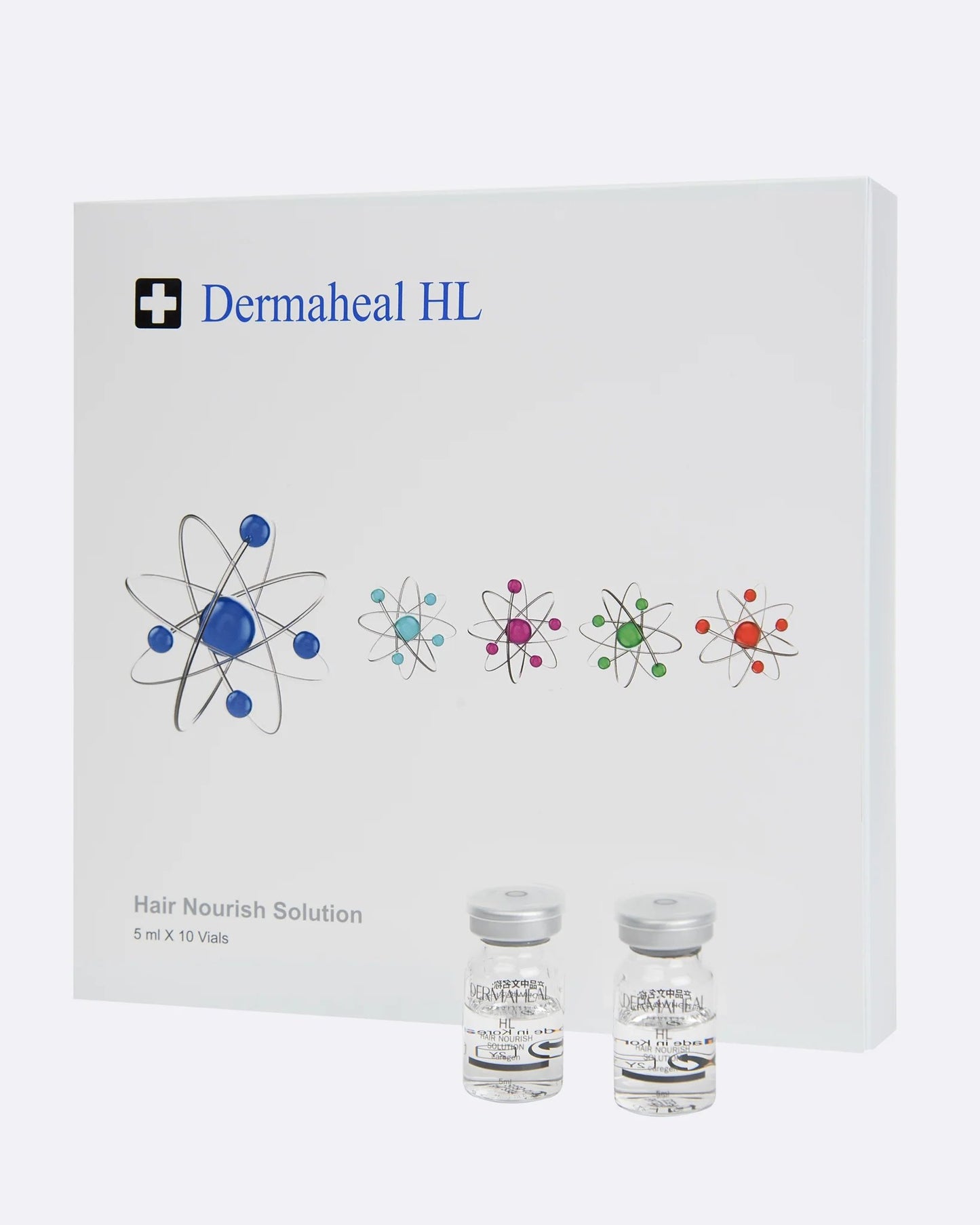 A packaging box labeled "Dermaheal HL Hair Nourish Solution" with a scientific design featuring atom-like illustrations, accompanied by two transparent vials filled with solution and sealed with gray caps