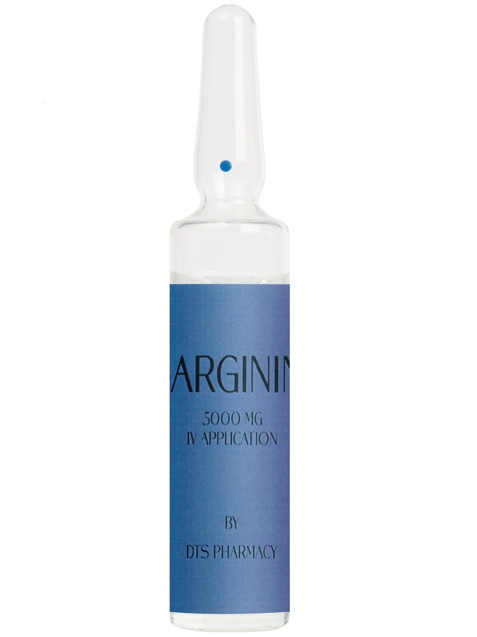 A transparent ampule labeled "L-Arginine 5000 mg IV Application" by DTS Pharmacy, with a blue label and a clear glass design