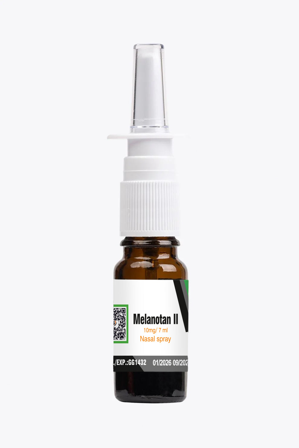 A brown glass bottle labeled "Melanotan II Nasal Spray, 10mg/7ml," equipped with a white nasal spray applicator and a secure cap