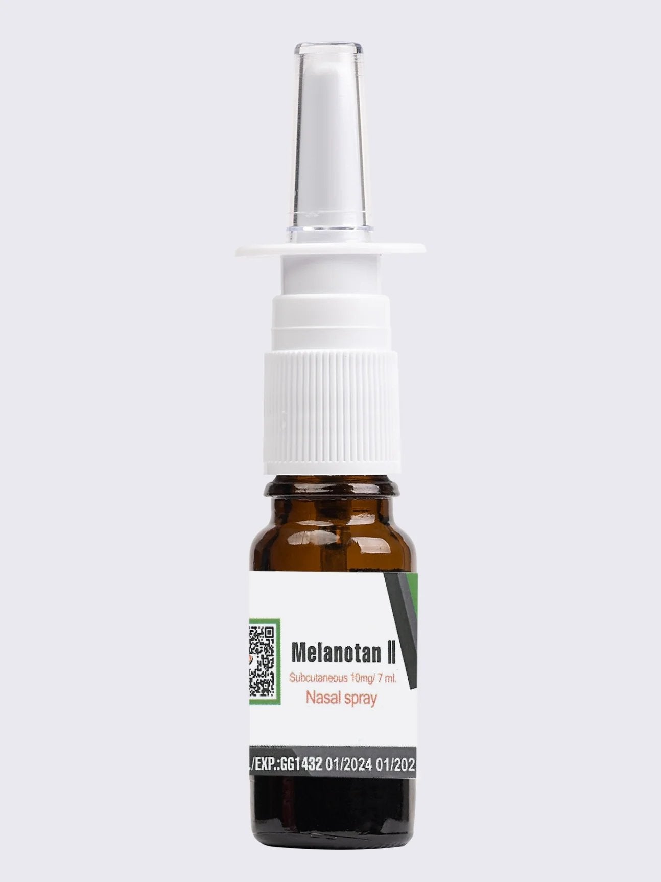 A brown glass bottle labeled "Melanotan II Nasal Spray, 10mg/7ml," equipped with a white nasal spray applicator and a secure cap